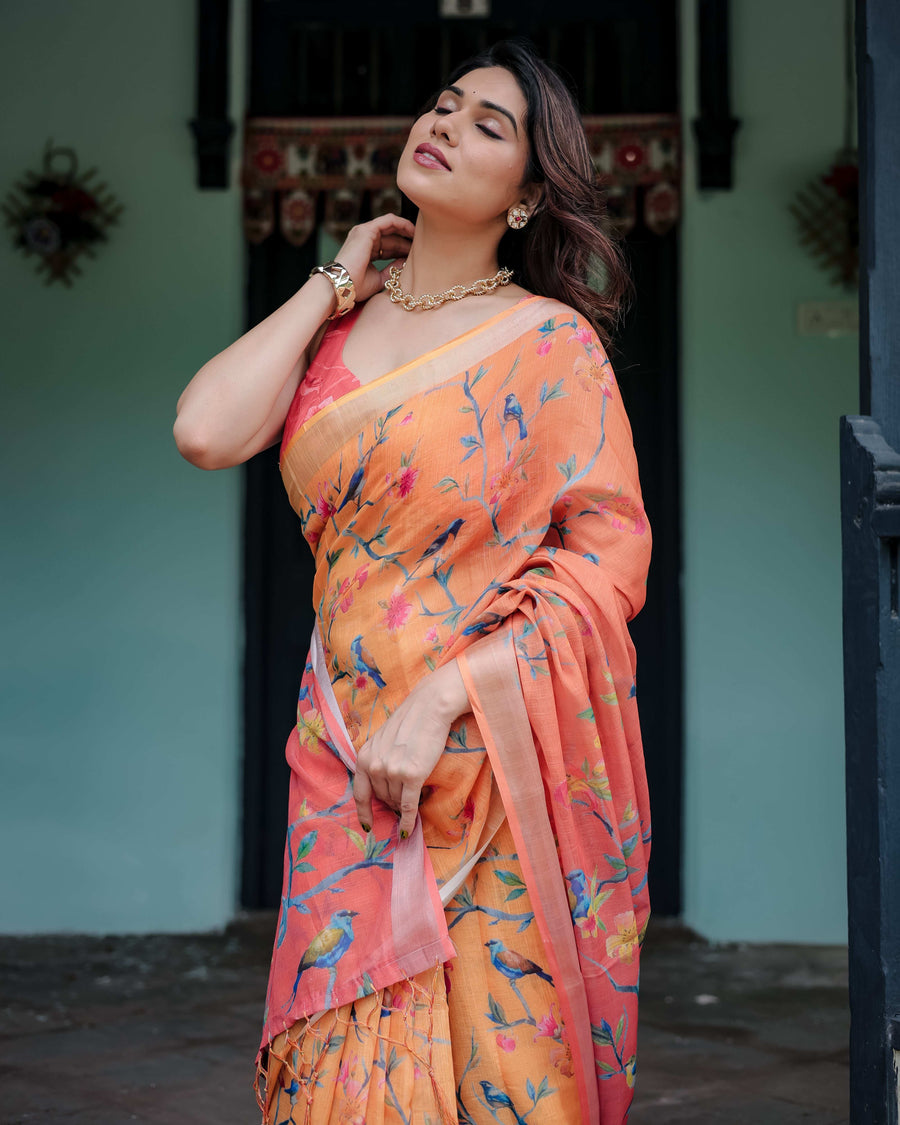 Peach & Orange Pure Cotton Linen Saree | Floral Bird Print with Blouse & Tassel Detailing
