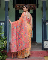 Peach & Orange Pure Cotton Linen Saree | Floral Bird Print with Blouse & Tassel Detailing