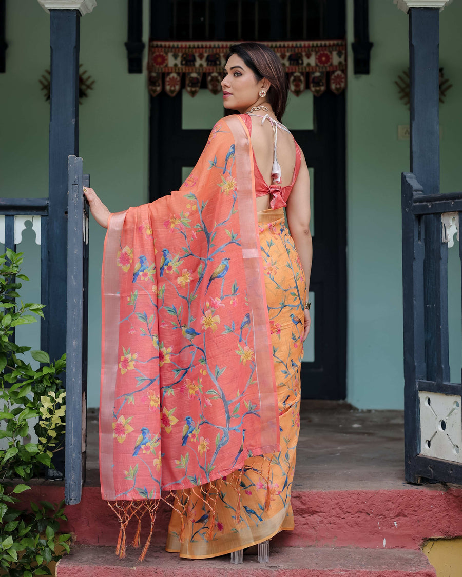 Peach & Orange Pure Cotton Linen Saree | Floral Bird Print with Blouse & Tassel Detailing