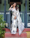 White & Grey Pure Cotton Linen Saree | Floral Print with Blouse & Tassel Detailing