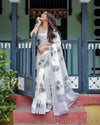 White & Grey Pure Cotton Linen Saree | Floral Print with Blouse & Tassel Detailing