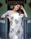 White & Grey Pure Cotton Linen Saree | Floral Print with Blouse & Tassel Detailing