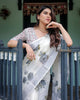 White & Grey Pure Cotton Linen Saree | Floral Print with Blouse & Tassel Detailing