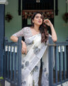 White & Grey Pure Cotton Linen Saree | Floral Print with Blouse & Tassel Detailing
