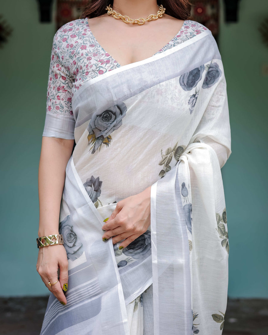 White & Grey Pure Cotton Linen Saree | Floral Print with Blouse & Tassel Detailing