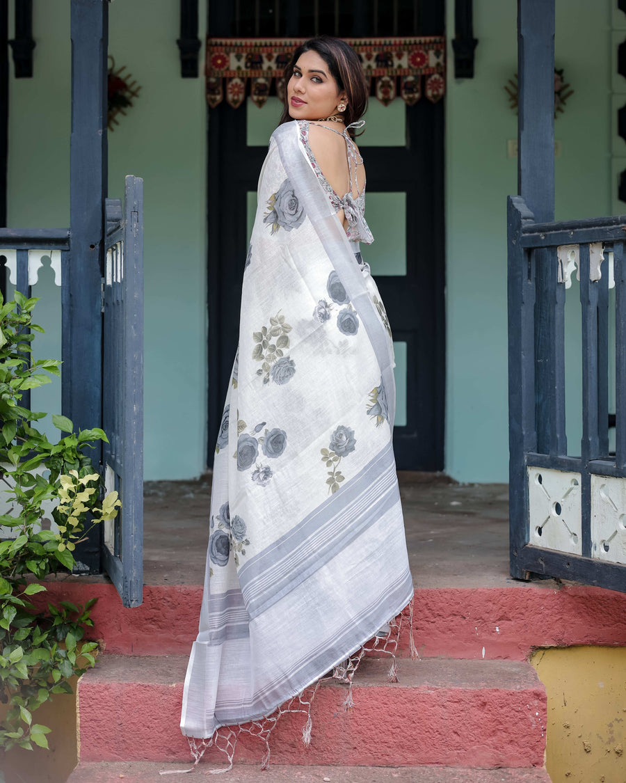 White & Grey Pure Cotton Linen Saree | Floral Print with Blouse & Tassel Detailing