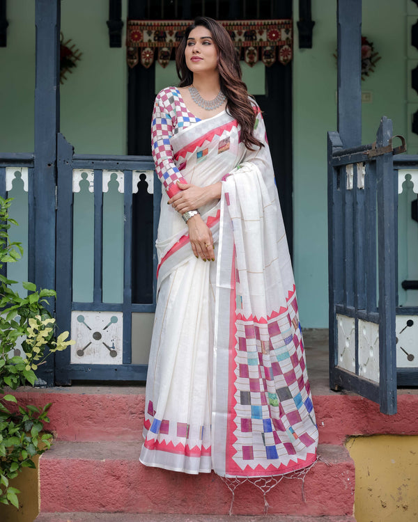White Pure Cotton Linen Saree | Multicolor Checkered Design with Blouse & Tassel Detailing