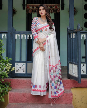 White Pure Cotton Linen Saree | Multicolor Checkered Design with Blouse & Tassel Detailing