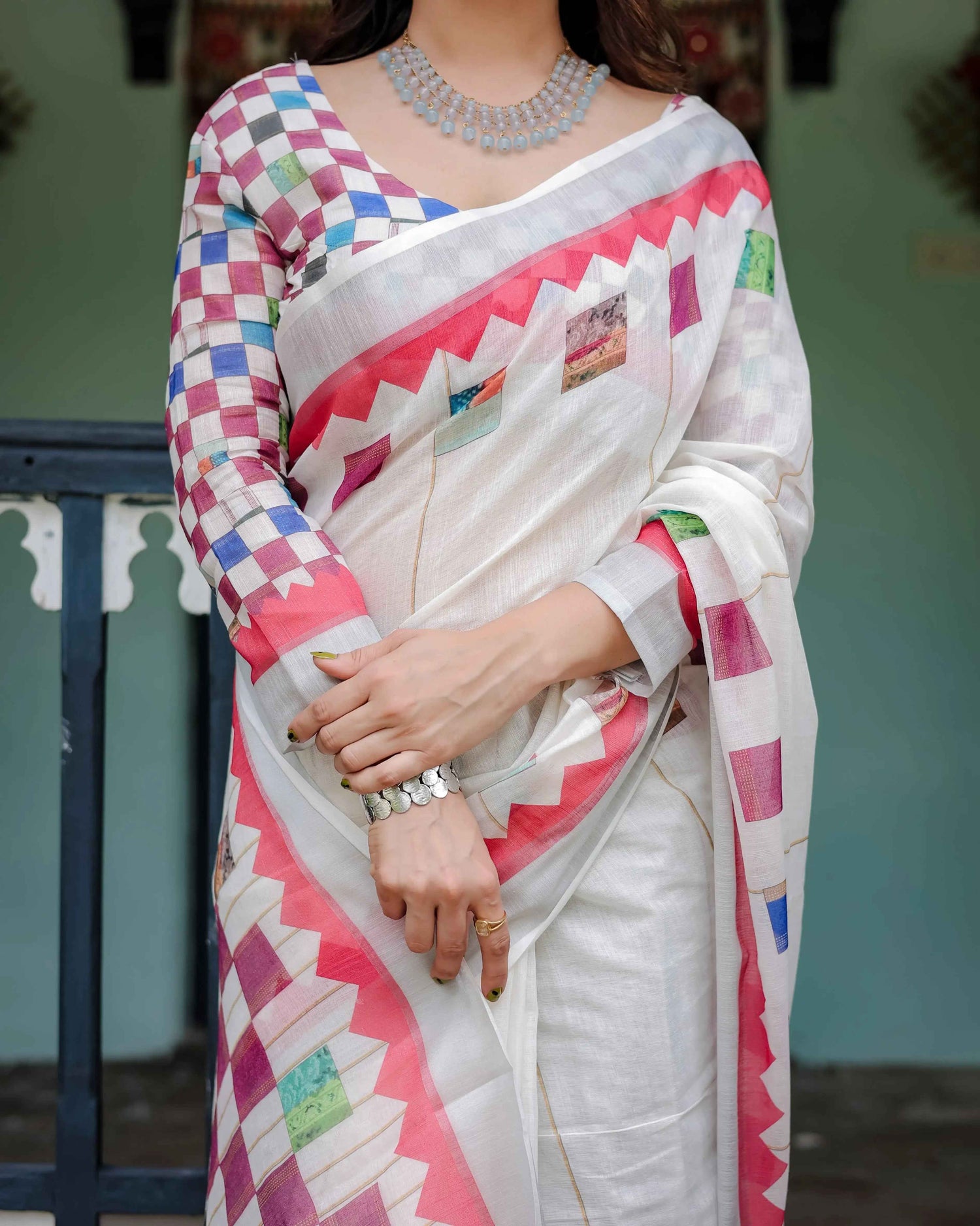 White Pure Cotton Linen Saree | Multicolor Checkered Design with Blouse & Tassel Detailing