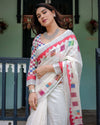 White Pure Cotton Linen Saree | Multicolor Checkered Design with Blouse & Tassel Detailing