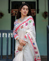 White Pure Cotton Linen Saree | Multicolor Checkered Design with Blouse & Tassel Detailing