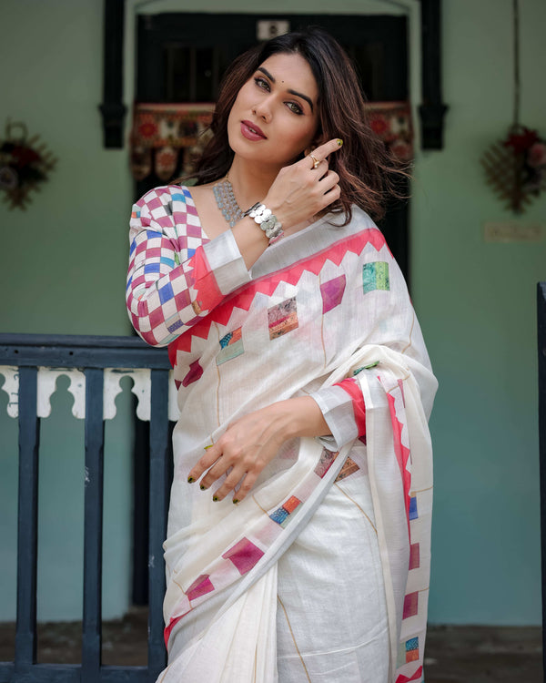 White Pure Cotton Linen Saree | Multicolor Checkered Design with Blouse & Tassel Detailing