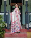 White Pure Cotton Linen Saree | Multicolor Checkered Design with Blouse & Tassel Detailing
