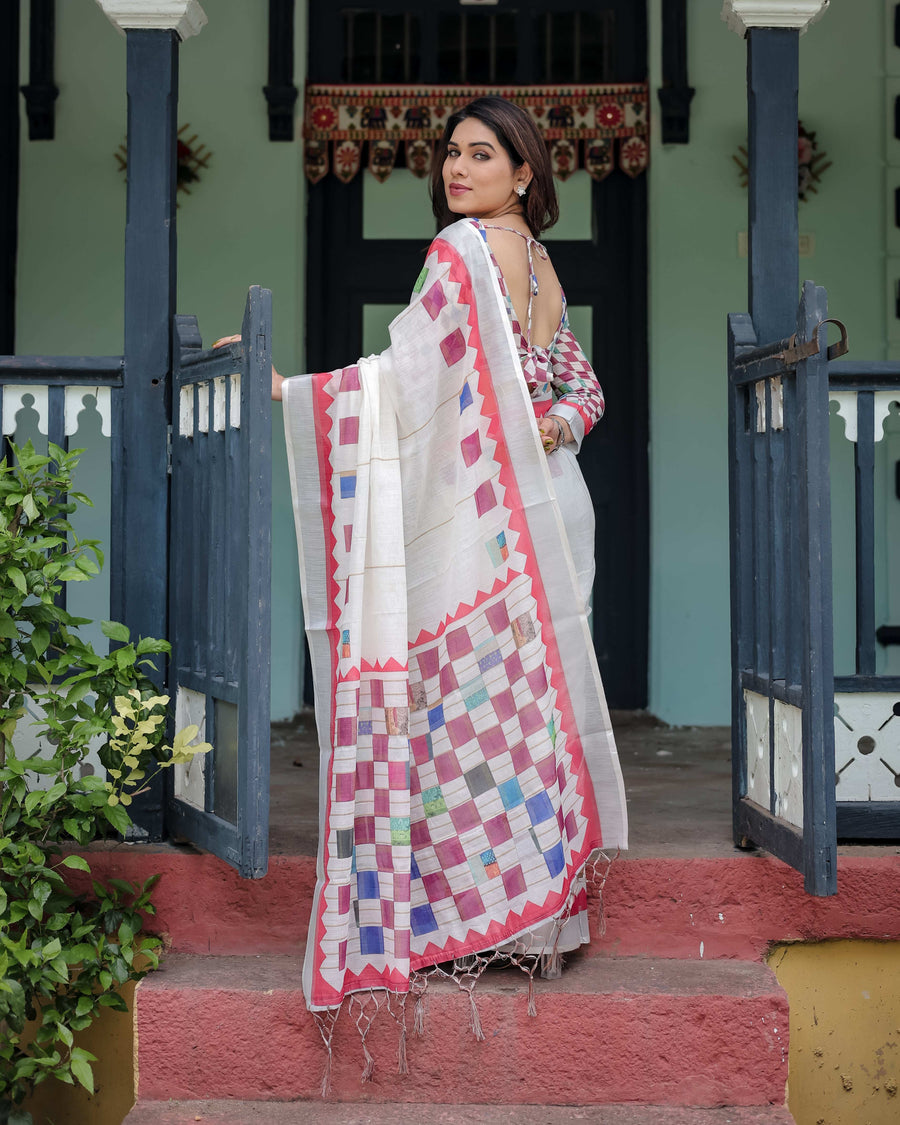 White Pure Cotton Linen Saree | Multicolor Checkered Design with Blouse & Tassel Detailing