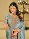 Sky Blue Designer Fendy Satin Saree with Heavy Embroidered Blouse & Stone Work Border | Premium Wedding Party Wear Saree