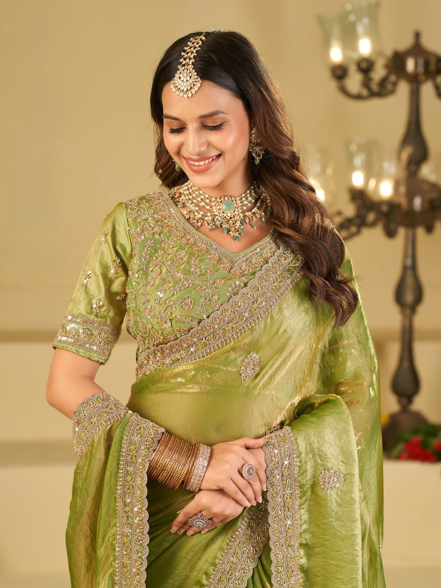 Pista Green Designer Fendy Satin Saree with Heavy Embroidered Blouse & Sequin Border | Premium Wedding Party Wear Saree