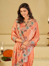 Peach Designer Fendy Satin Saree with Multicolor Paisley Embroidery & Scalloped Embroidered Border | Festive Party Wear Saree