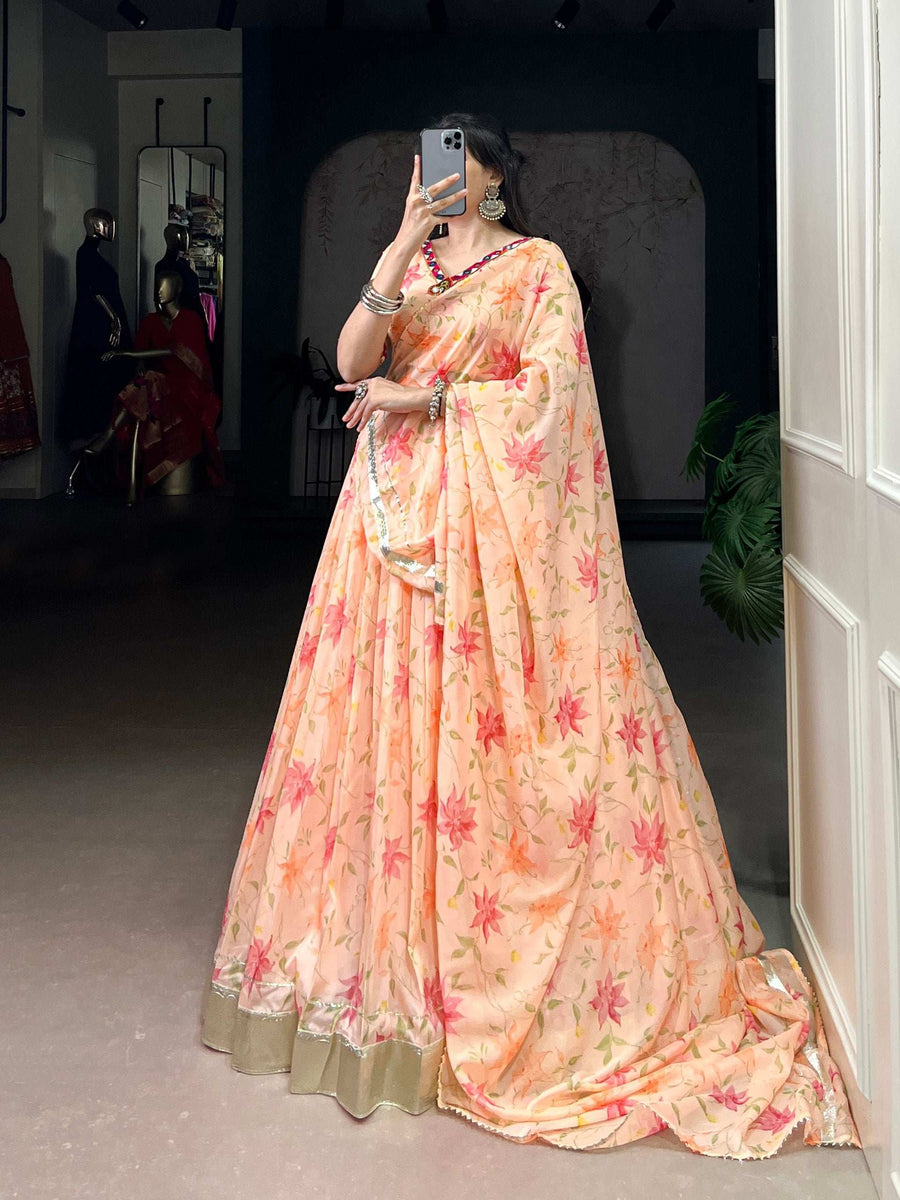 LNB Floral Tabby Silk Lehenga in Multicolor with Embossed Design and Lace Touch Up Front View - Shree Roop