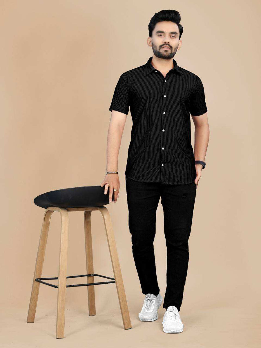 Navy Blue Codroy Fabric Men's Exclusive Half Sleeve Kurta Front View - Shree Roop