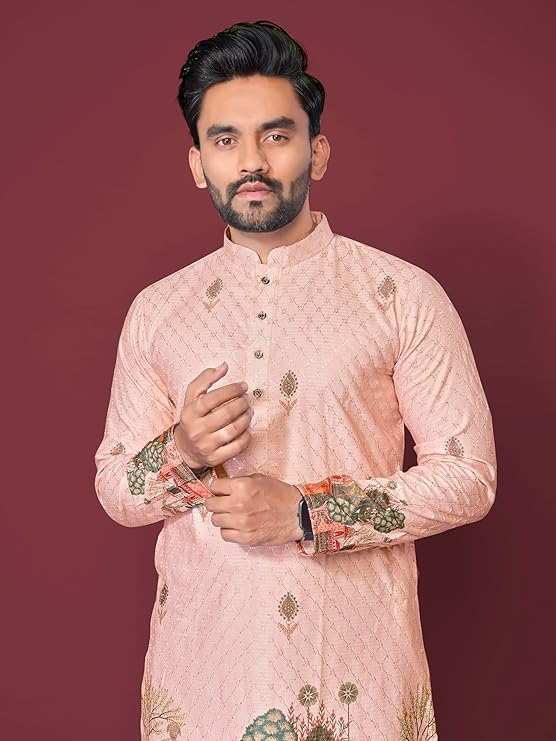 Beige Cotton Kurta Set with Crochet Sequence Work and Pyjama - Shree Roop
