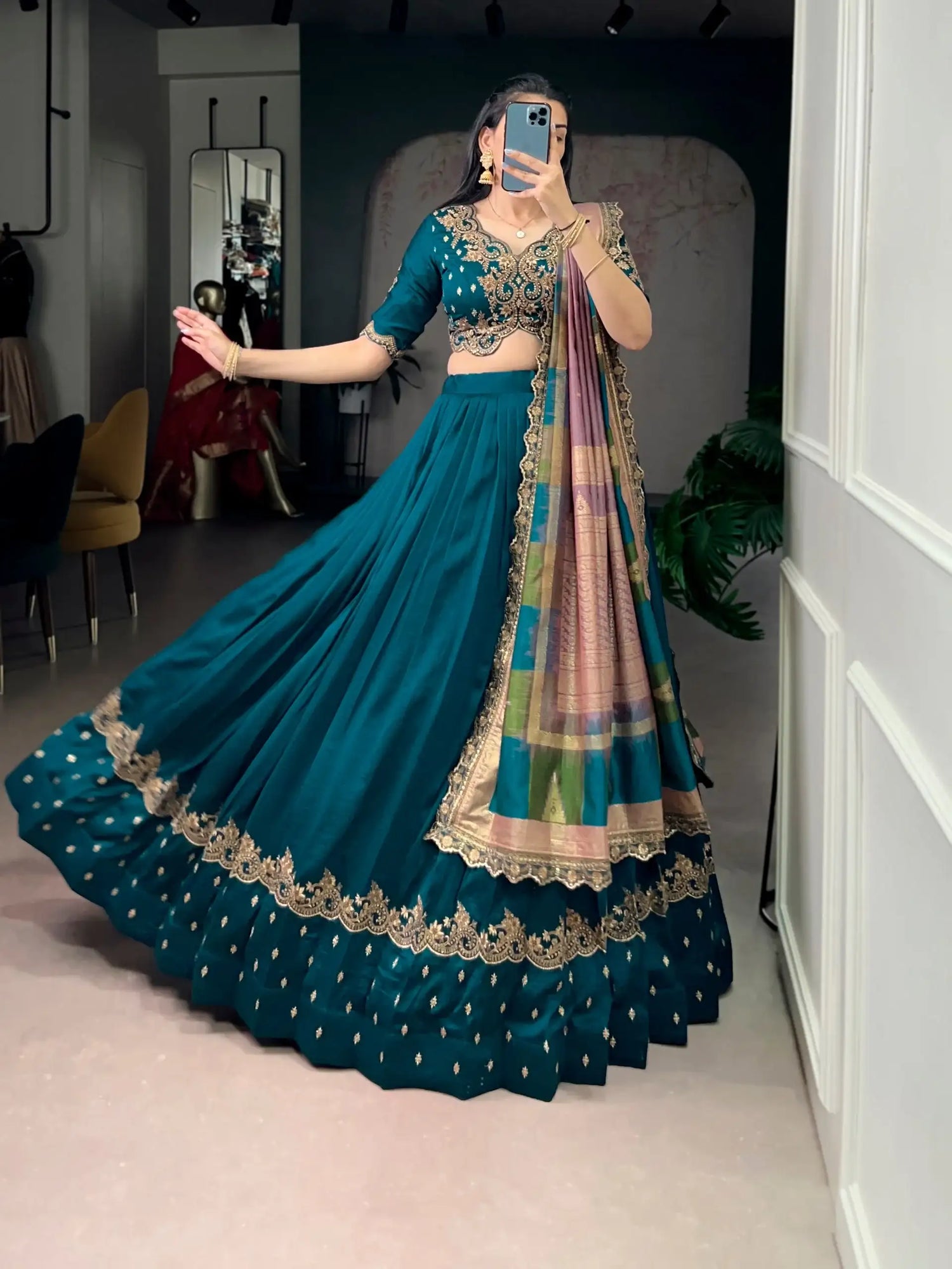 Vichitra Silk Lehenga Choli | Sequin & Thread Embroidery with Foil Printed Dupatta - SHREE ROOP