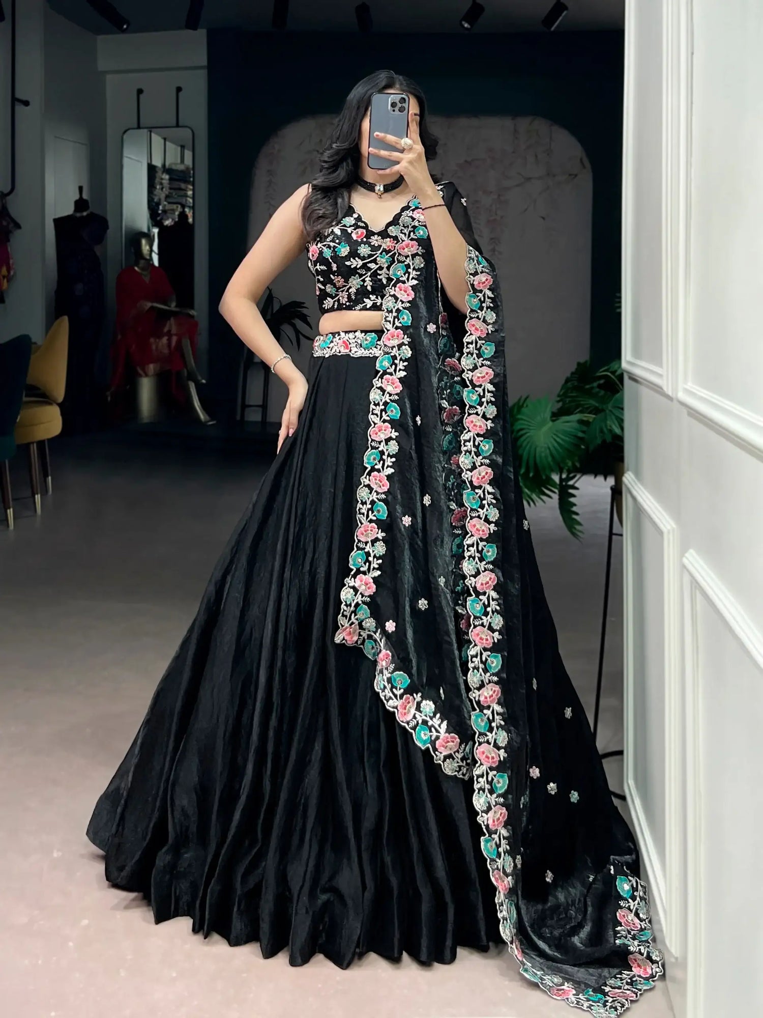 Black Fendi Lehenga Choli | Sequin & Thread Embroidery with Embroidered Belt - SHREE ROOP