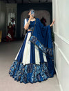 Blue LNB Lehenga Back View Showing Pure Rayon Fabric and Printed Design for Festive Wear