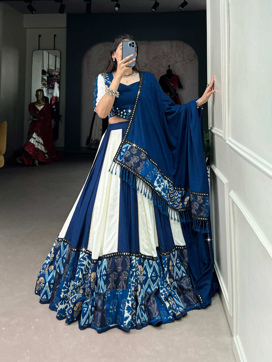 Blue LNB Lehenga Back View Showing Pure Rayon Fabric and Printed Design for Festive Wear