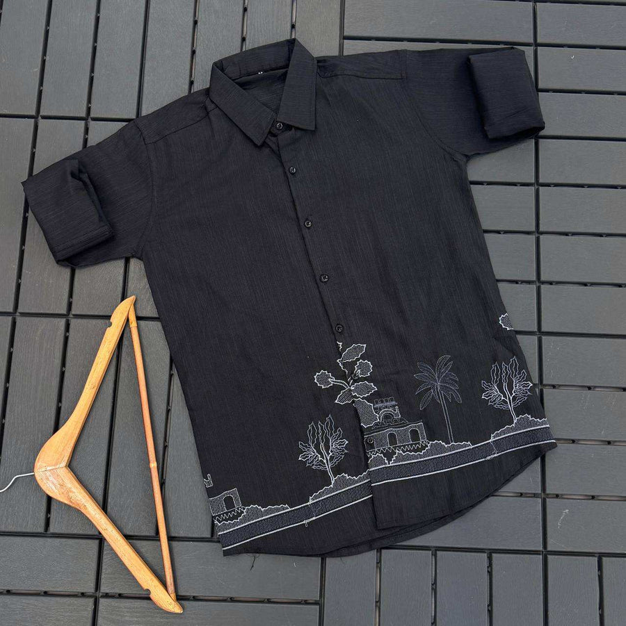 Shree Roop Men's Linen Kurta Close-up of Intricate Embroidery Work on Collar