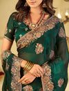 Emerald Green Designer Fendy Satin Saree with Heavy Floral Embroidery Work | Premium Wedding & Party Wear Embroidered Saree with Blouse