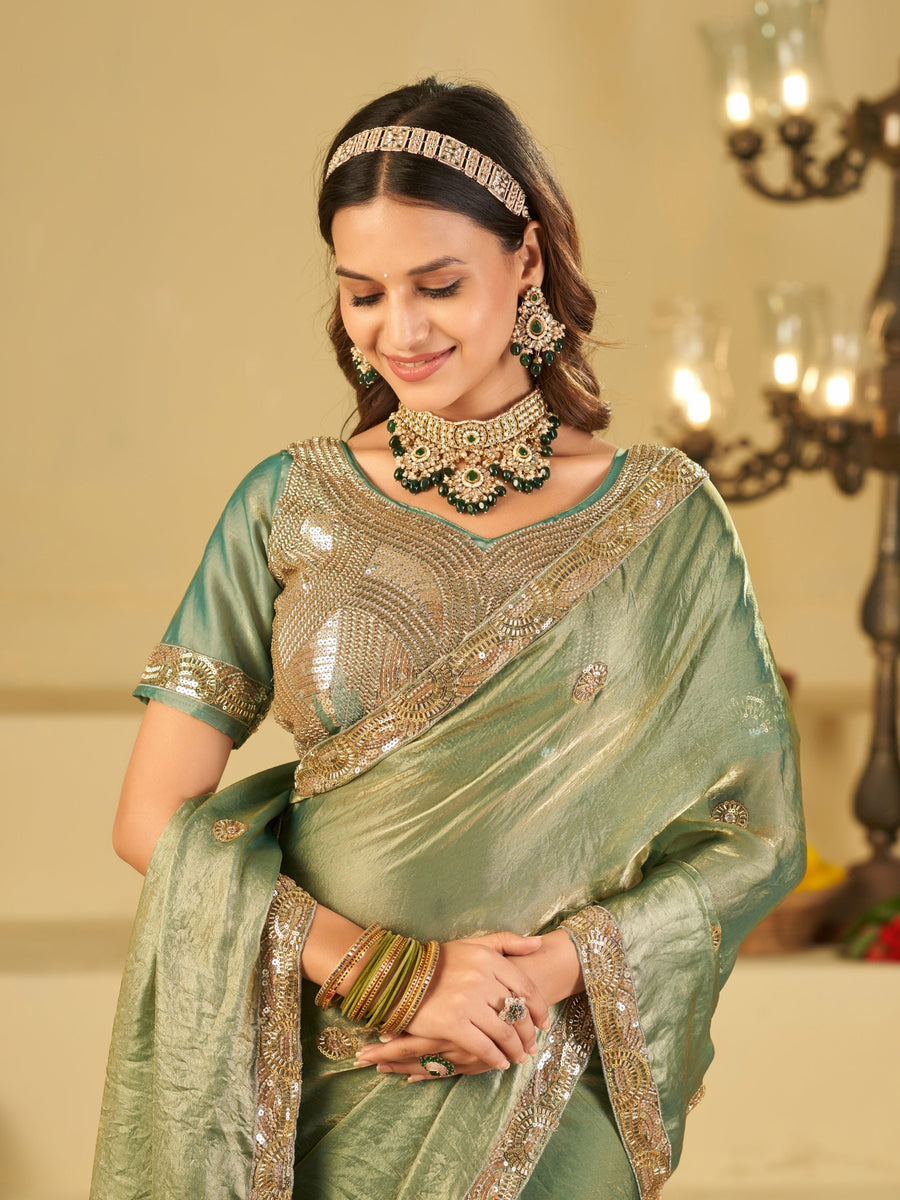 Sage Green Dual Tone Designer Fendy Satin Saree with Heavy Embroidered Blouse & Sequin Border | Premium Wedding Party Wear Saree