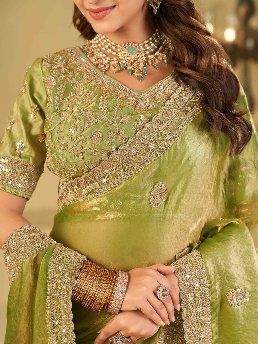 Pista Green Designer Fendy Satin Saree with Heavy Embroidered Blouse & Sequin Border | Premium Wedding Party Wear Saree