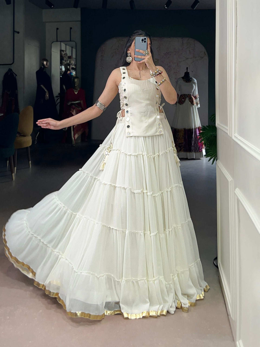 White LNB Lehenga with Zari Line Blouse and Real Mirror Koti Back View - Shree Roop