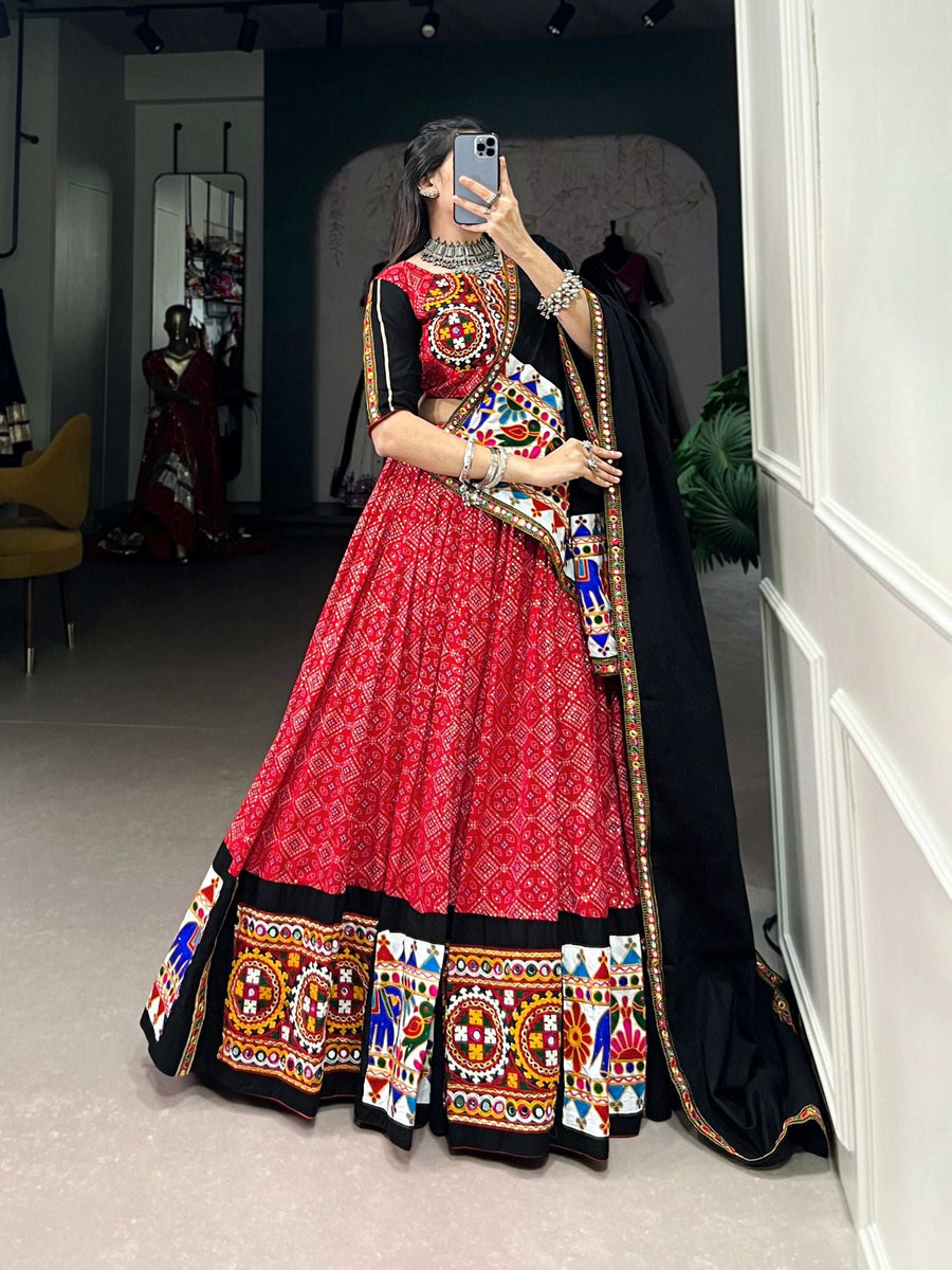 Red LNB Navratri Lehenga with Printed Dupatta and Mirror Accents - Shree Roop