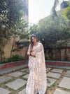 Off-White Pure Linen Digital Printed Saree with Striped Design and Unique Black Motif Pallu – Comes with Blouse Piece and Tassels