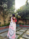 White Pure Linen Digital Printed Saree with Chevron Design and Intricate Red-Black Geometric Pallu – Tassel Details and Matching Blouse Piece