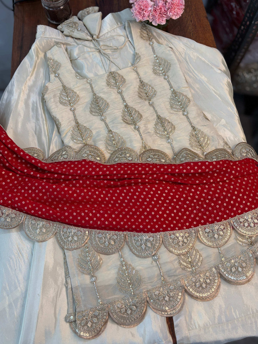 Ivory Silk Sharara Set | Golden Thread Embroidery & Red Bandhej Dupatta – Wedding Wear | Buy Online - SHREE ROOP