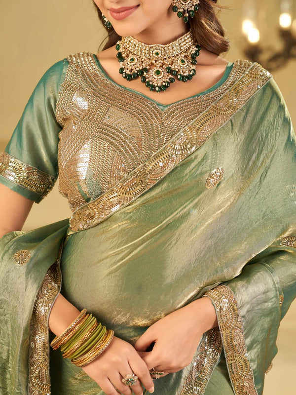 Sage Green Dual Tone Designer Fendy Satin Saree with Heavy Embroidered Blouse & Sequin Border | Premium Wedding Party Wear Saree