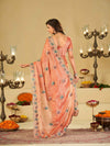 Peach Designer Fendy Satin Saree with Multicolor Paisley Embroidery & Scalloped Embroidered Border | Festive Party Wear Saree