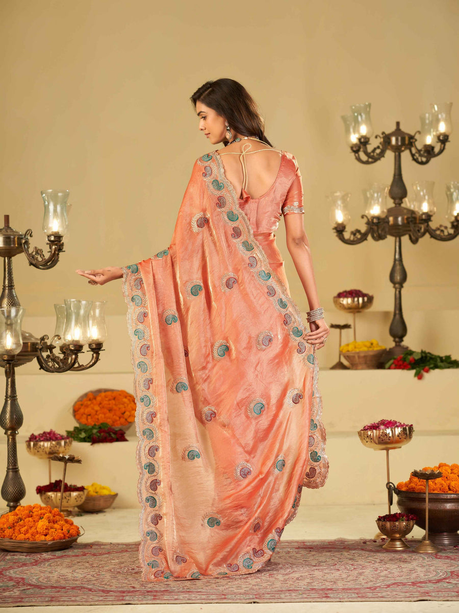 Peach Designer Fendy Satin Saree with Multicolor Paisley Embroidery & Scalloped Embroidered Border | Festive Party Wear Saree