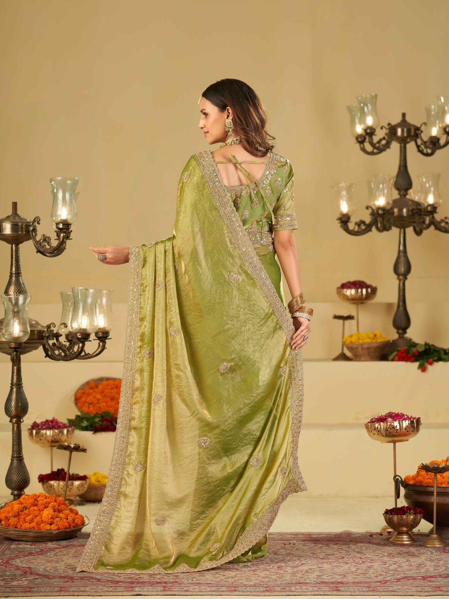 Pista Green Designer Fendy Satin Saree with Heavy Embroidered Blouse & Sequin Border | Premium Wedding Party Wear Saree