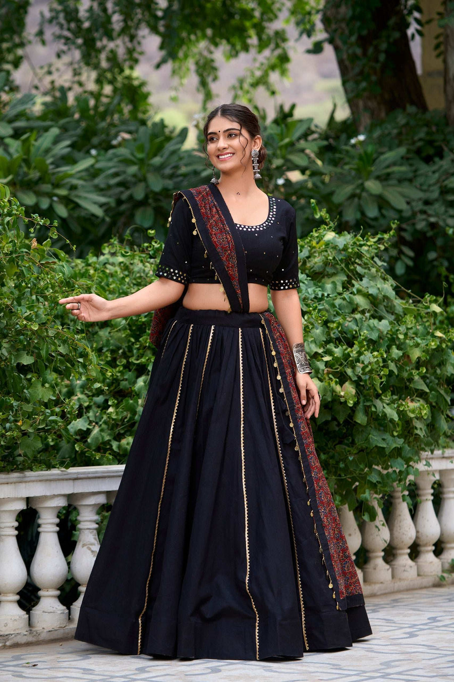 Close-up of black cotton lehenga with real mirror hand work and gota patti touch up - LNB