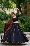 Black and mustard pure cotton lehenga choli with gota patti and mirror work front view - LNB