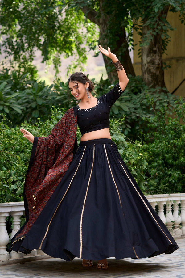 Black and mustard pure cotton lehenga choli with gota patti and mirror work front view - LNB