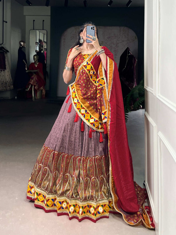 LNB Tasar Silk Lehenga Choli Front View with Kashmiri Print and Mirror Work - Shree Roop