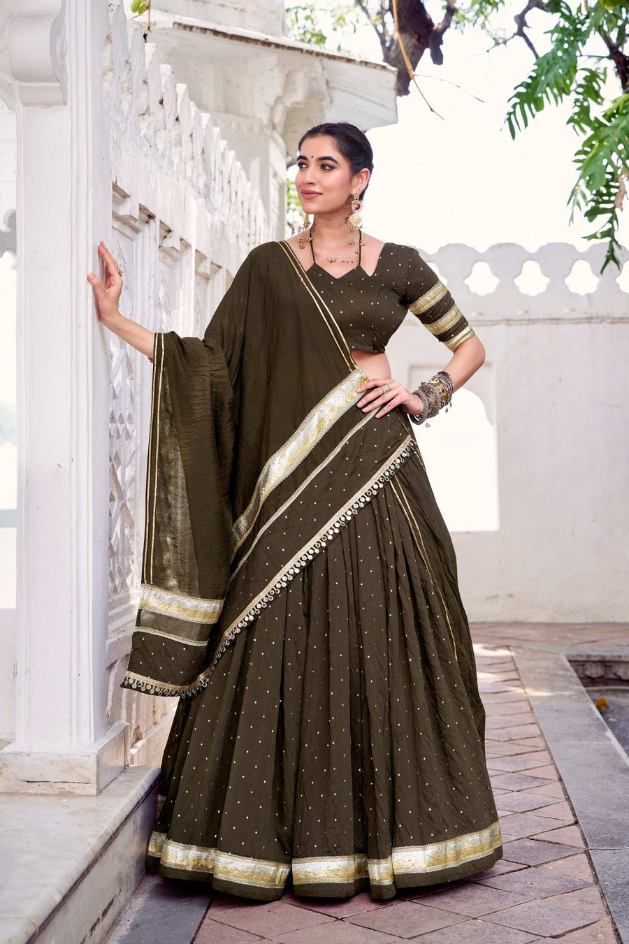 LNB Chanderi Lehenga Set with Zari Weaving Work Front View - Shree Roop