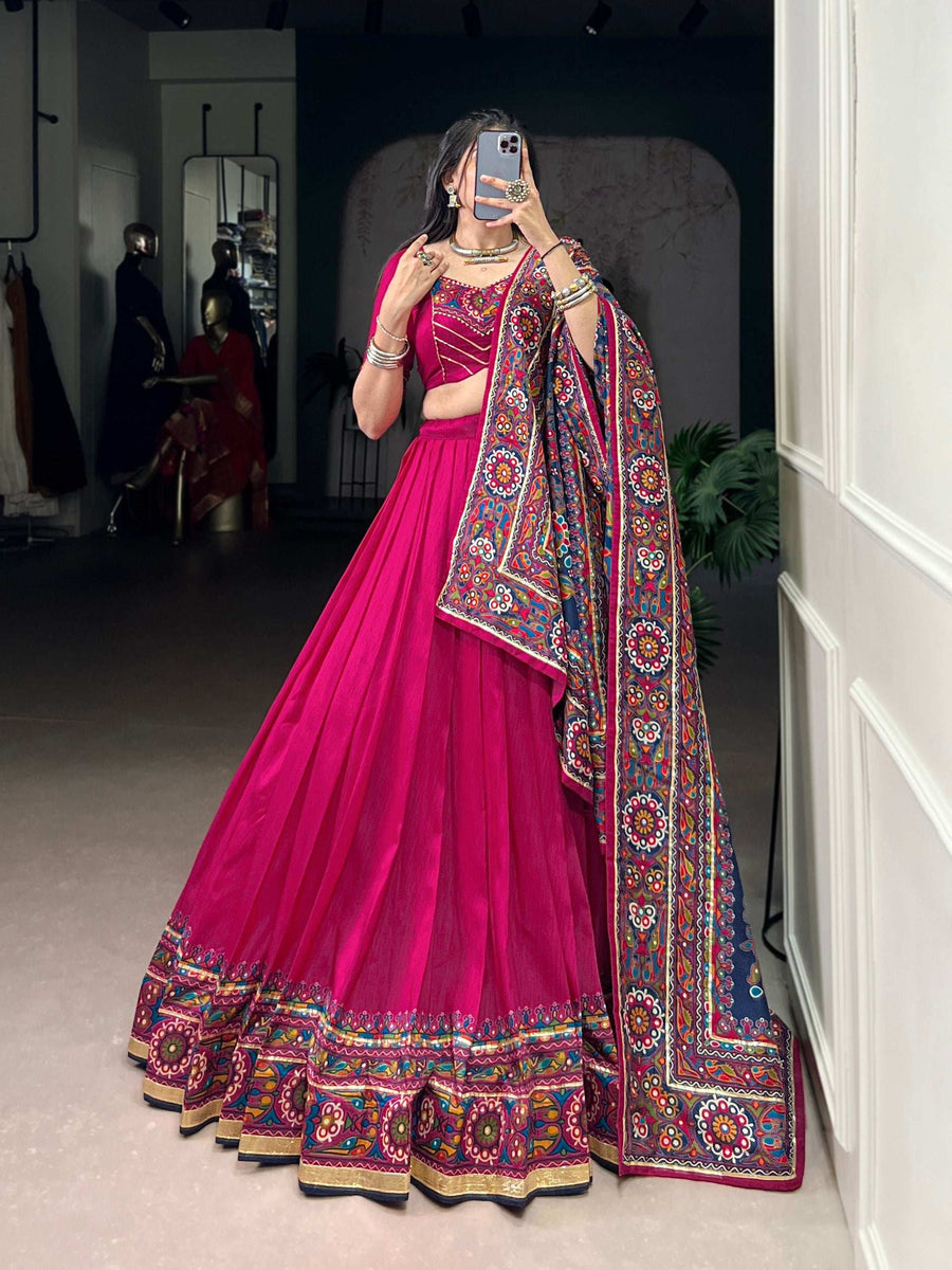 Pink Tasar Silk Lehenga Back View with Embossed Gotta Patti Lace - LNB - Shree Roop
