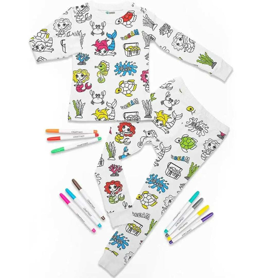 Close-up of printed design on white cotton Magic Coloring Pajama Set by Shree Roop