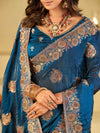 Royal Blue Designer Fendy Satin Saree with Heavy Floral Embroidery Work | Premium Party Wear Wedding Saree with Embroidered Border & Blouse