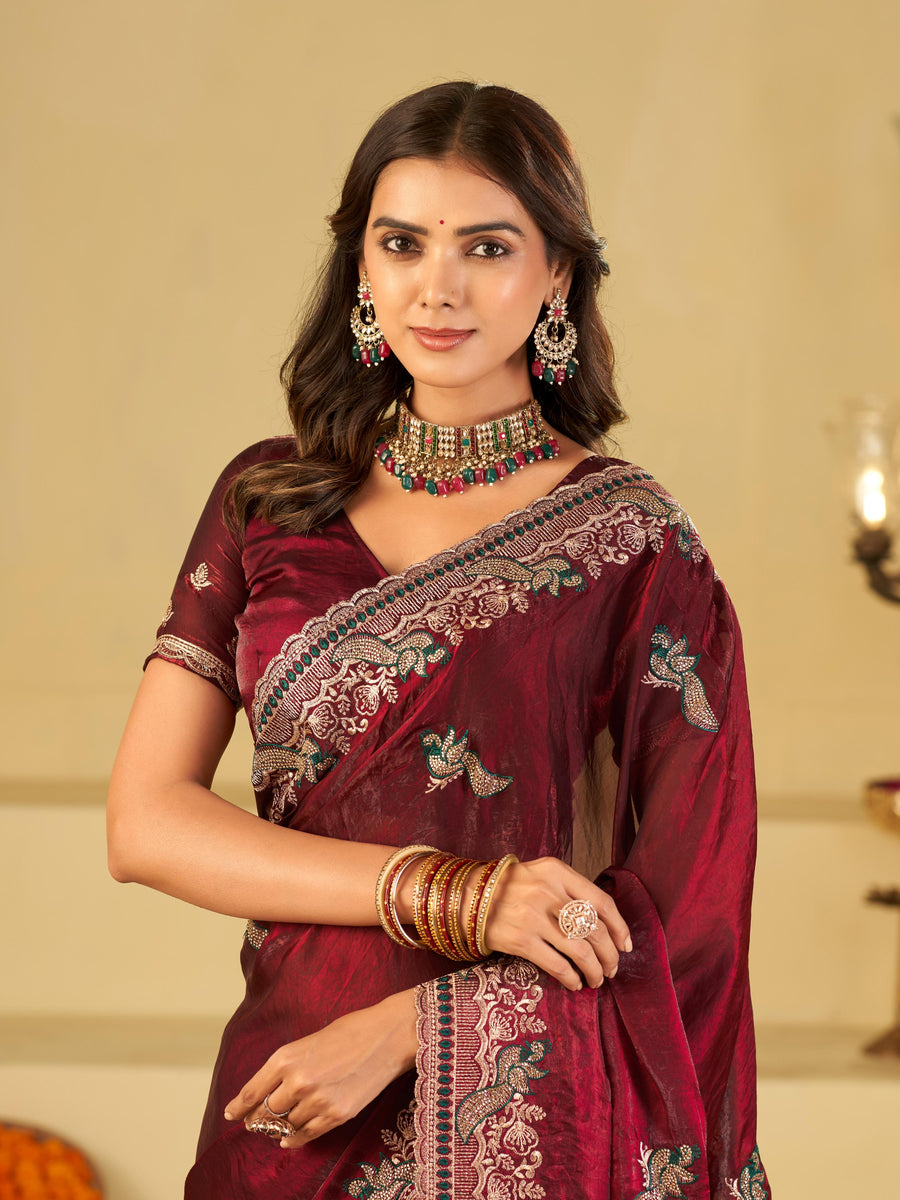 Wine Maroon Designer Fendy Satin Saree with Heavy Embroidered Border | Premium Festive Party Wear Saree with Embroidery & Matching Blouse
